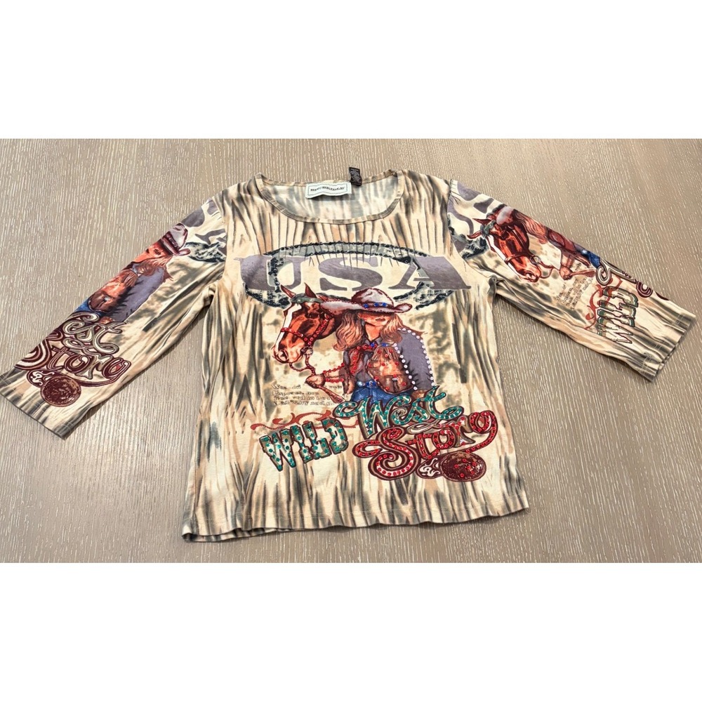 Bit & Bridle Wild West Story Cowboy Horse Graphic Tee Shirt Womens Large Western